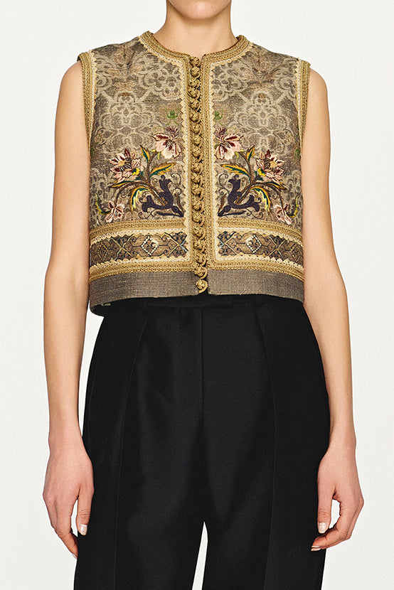 INTO THE EAST Tussah Silk Silver Lotus Button Vest ITE-E1DGAW010GR22VE-LV Green